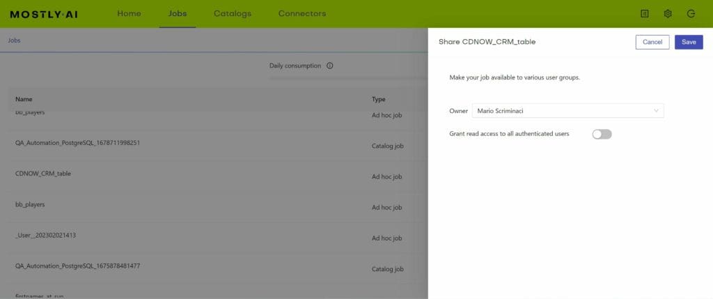 Synthetic data sharing in MOSTLY AI's synthetic data platform